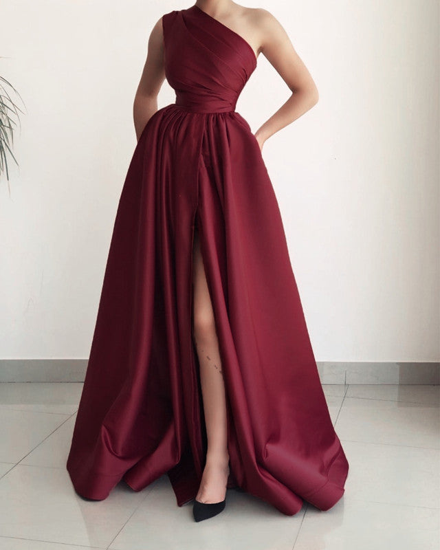 One Shoulder Split Satin Prom Dresses With Pockets