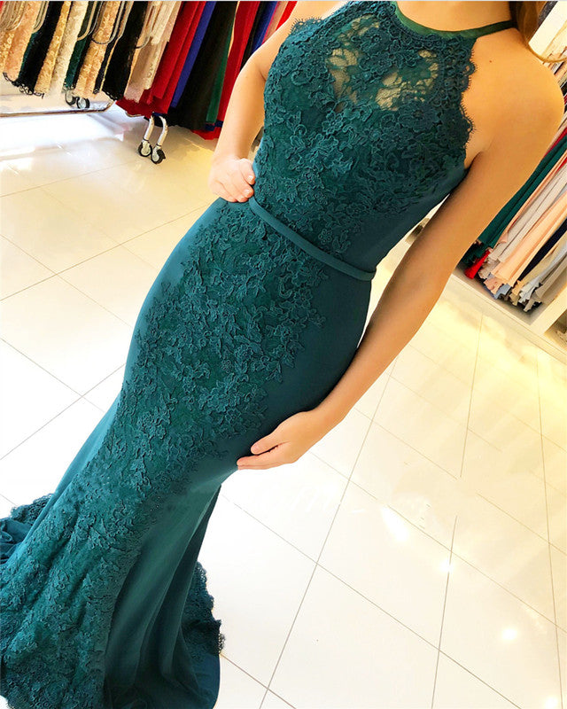 Lace Mermaid Prom Dresses Halter Neck Open Back