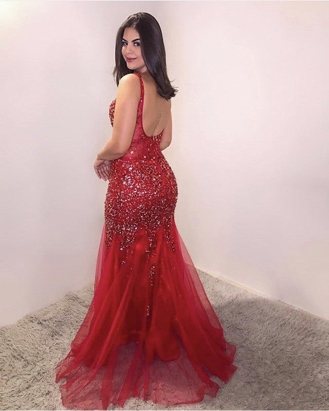 Mermaid Crystal Prom Dresses V Neck Open Back