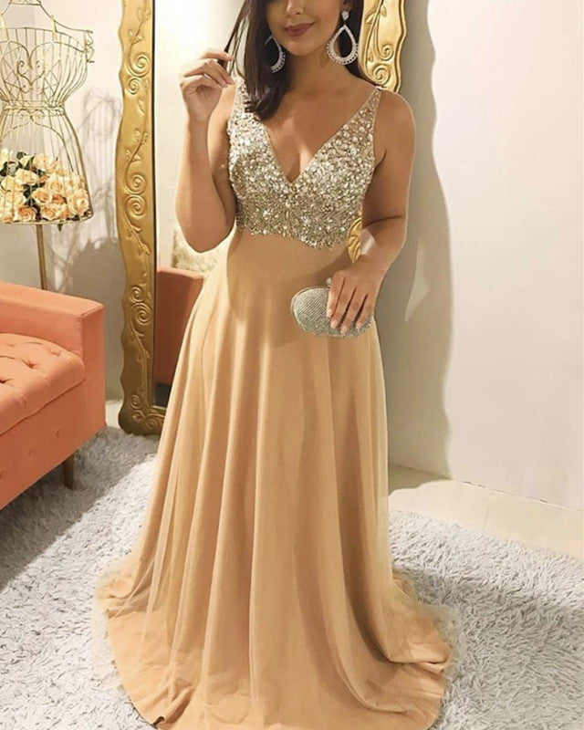 Chiffon Empire Prom Dresses Beaded V Neck