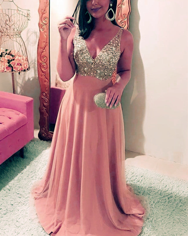Chiffon Empire Prom Dresses Beaded V Neck