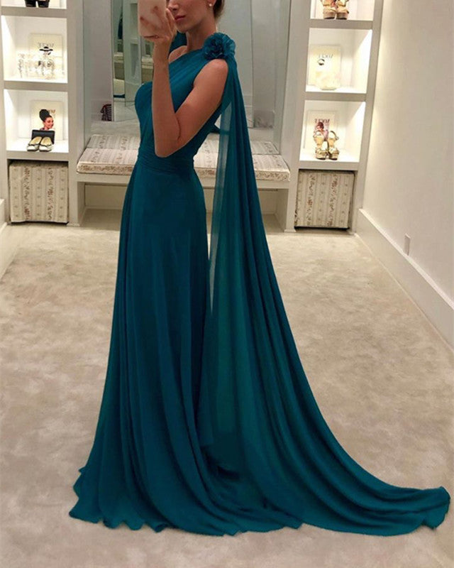 Long Chiffon One Shoulder Prom Dresses Elegant