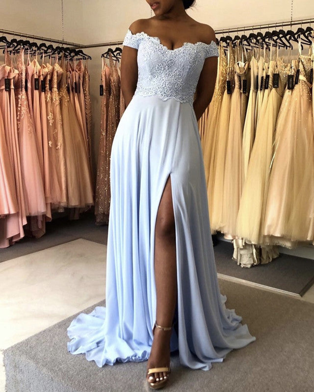 Off The Shoulder Prom Dresses Chiffon Split Lace Appliques