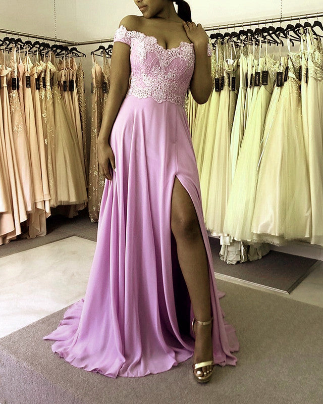 Off The Shoulder Prom Dresses Chiffon Split Lace Appliques