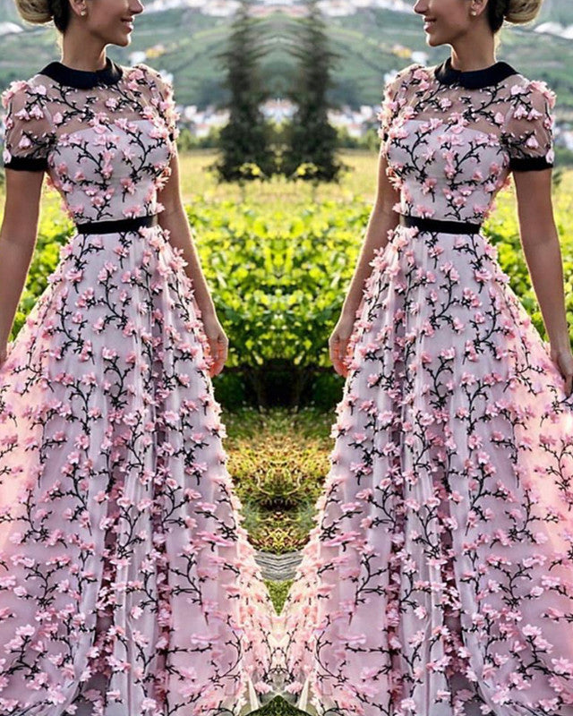 Elegant Lace Embroidery Prom Dresses Cap Sleeves