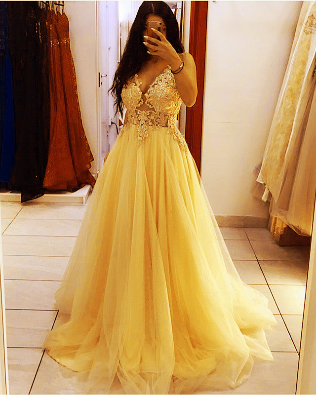 A Line Prom Dresses Lace Embroidery V Neck