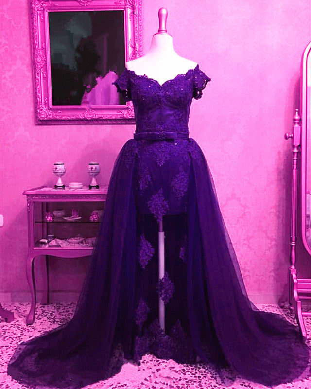 Elegant Lace Mermaid Prom Dresses Off The Shoulder Removable Train