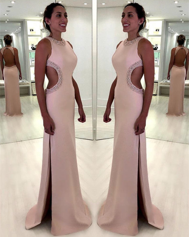 Halter Prom Sheath Dresses Side Slit Open Back