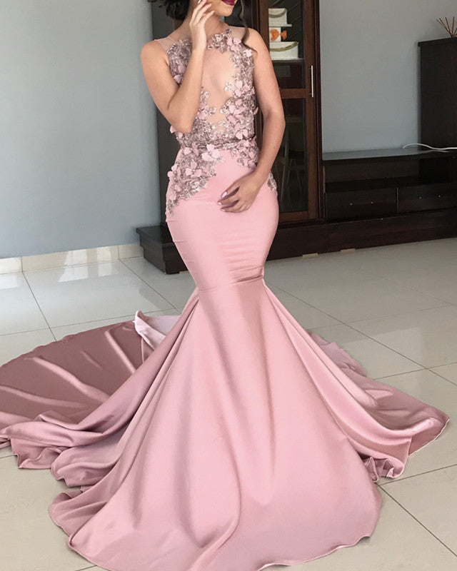 Mermaid Satin Sweep Train Prom Dresses Lace Embroidery