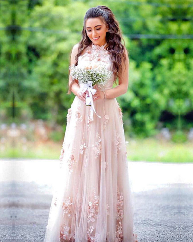 Elegant A Line Halter Long Prom Dresses Lace Embroidery