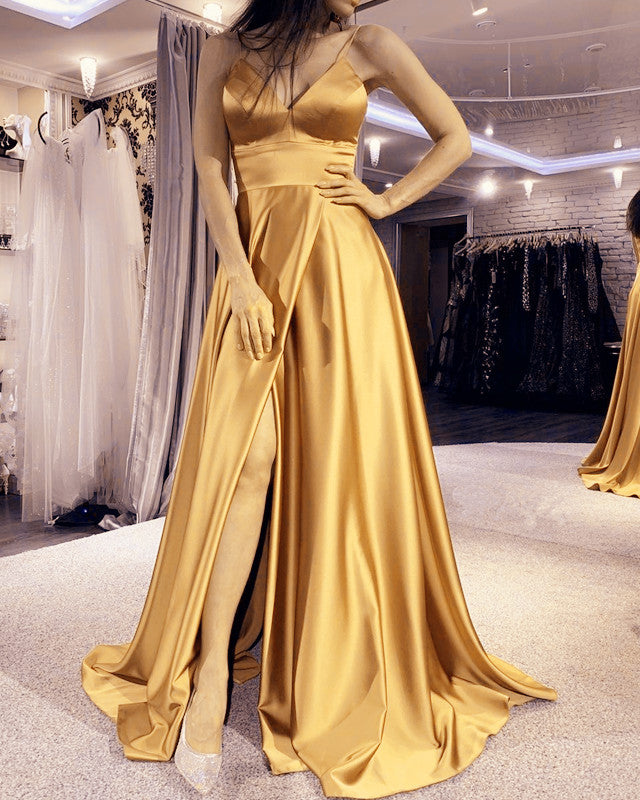 Simple Satin Prom Dresses V Neck High Split