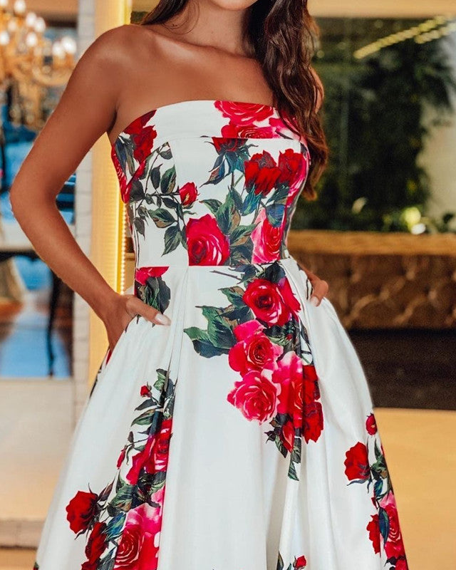Floral Print Prom Dresses Long Strapless With Pockets