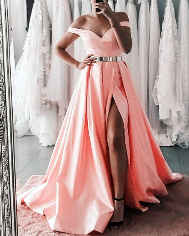 Long Satin Off Shoulder Split Prom Dresses With Gold Belt