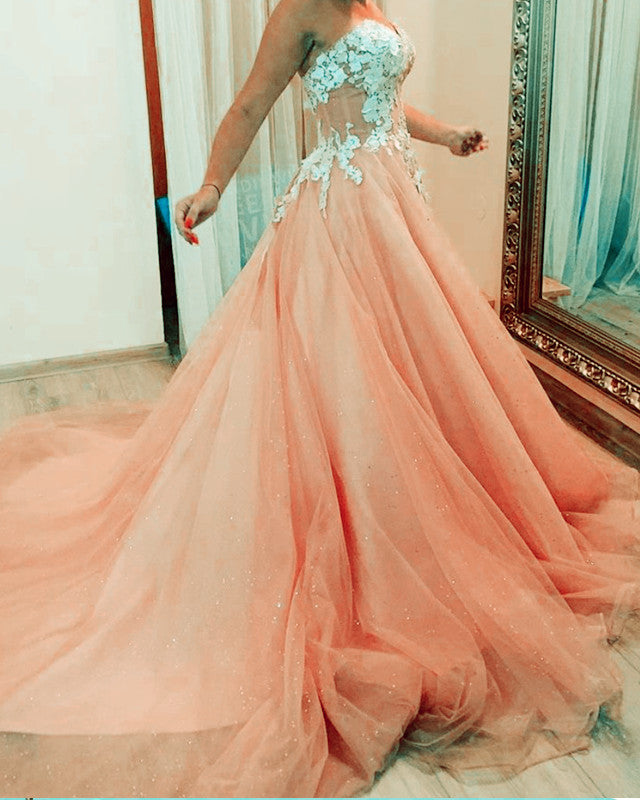 Elegant A-line Prom Dresses Tulle Sweetheart Lace Embroidery