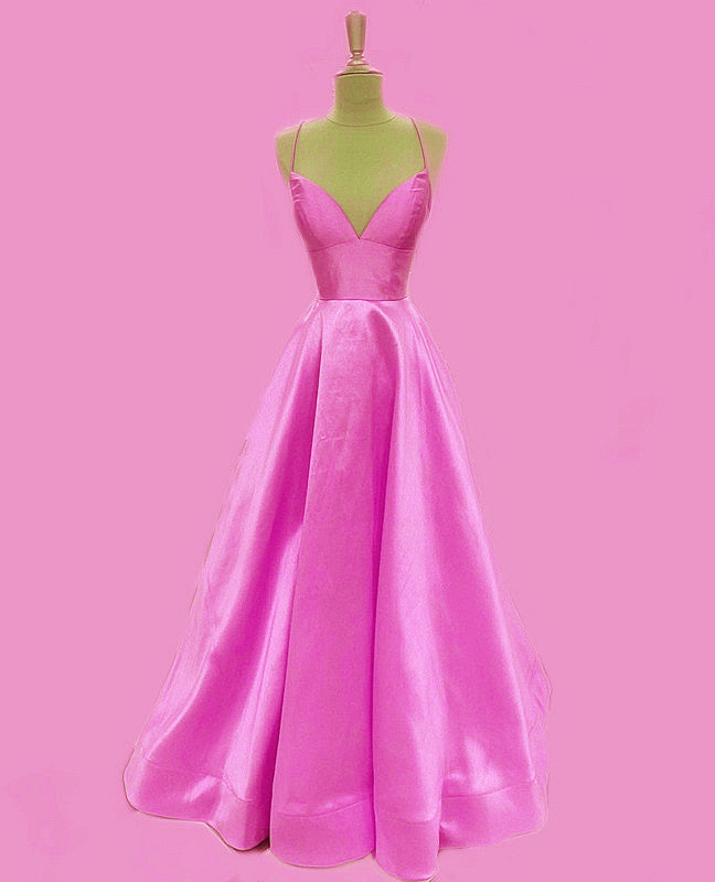 Spaghetti Straps Prom Dresses Long Satin V Neck