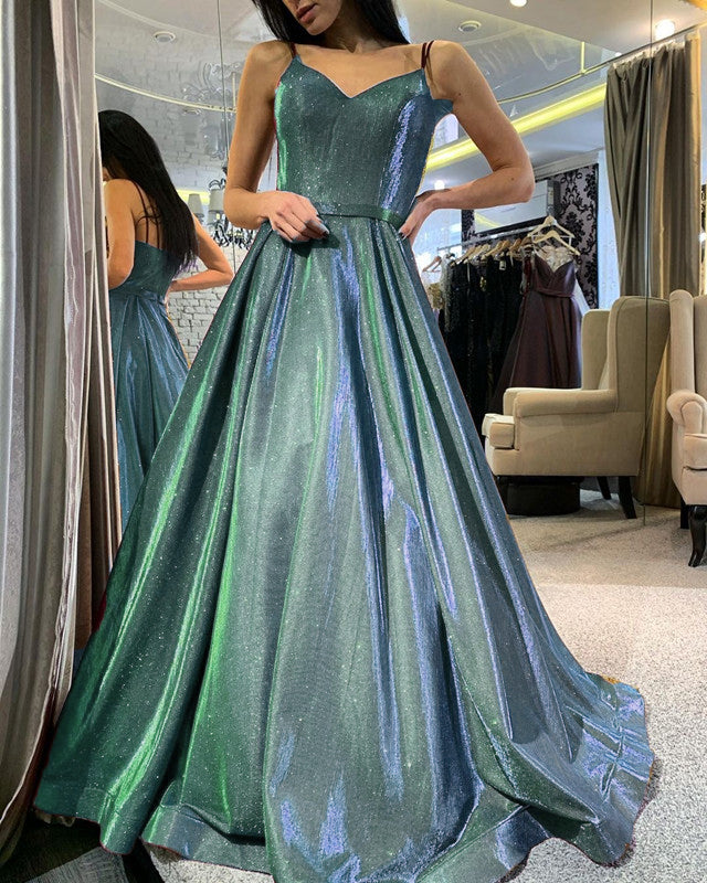 Long Glitter Prom Dresses V Neck Evening Gown Multi Straps