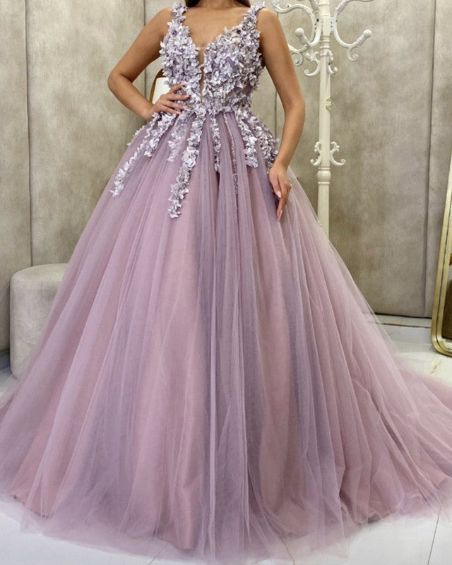 Tulle Prom Dresses Ball Gown V Neck 3D Floral Lace Flowers Lisposa Tulle Prom Dresses Ball Gown V Neck 3D Floral Lace Flowers Lisposa