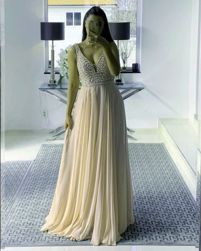 Long Chiffon Prom Dresses Plunge Neck With Sequins Beaded