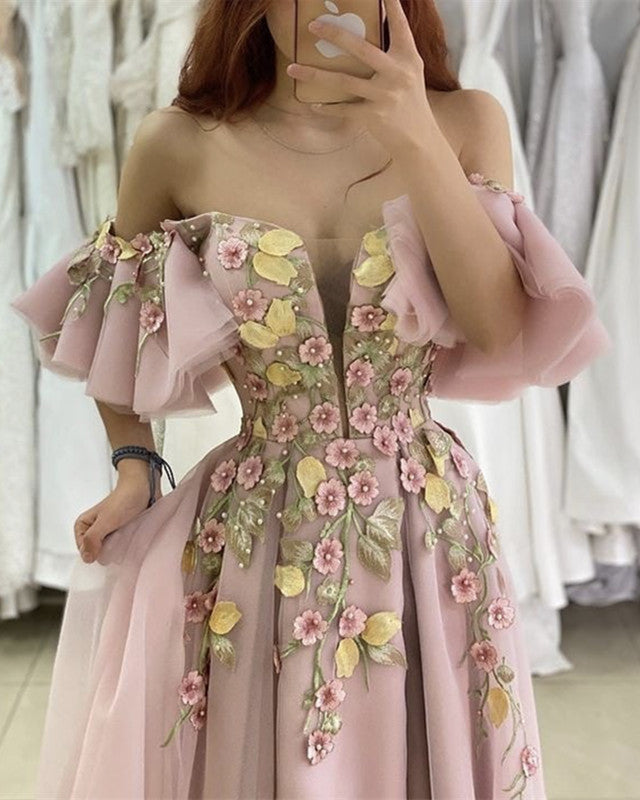 Long Tulle Prom Dresses Lace Embroidery Ruffles Sleeves