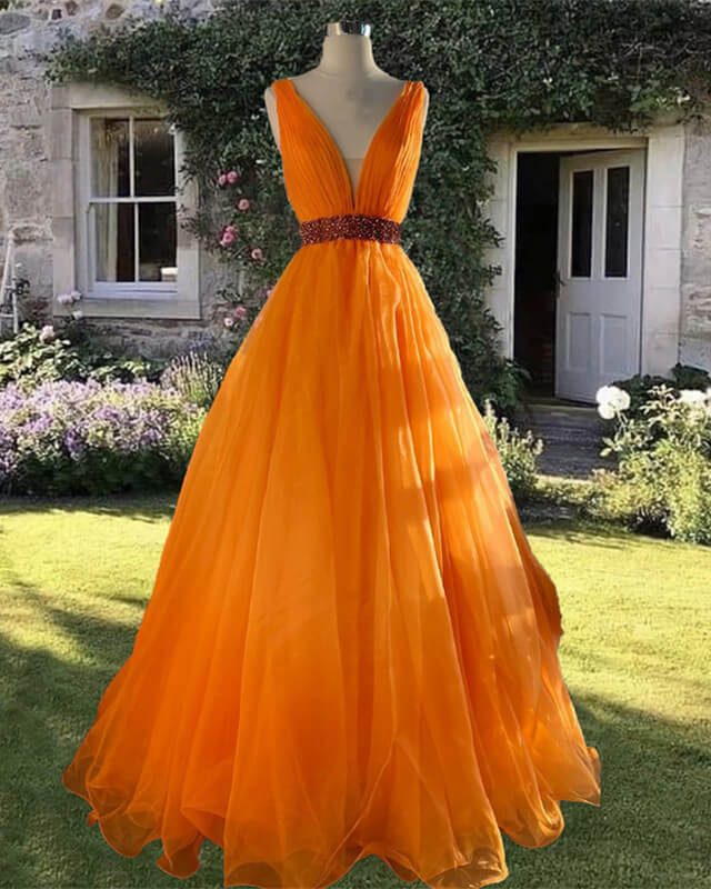 Orange Tulle Plunge Neck Ball Gown Lisposa Orange Tulle Plunge Neck Ball Gown Lisposa