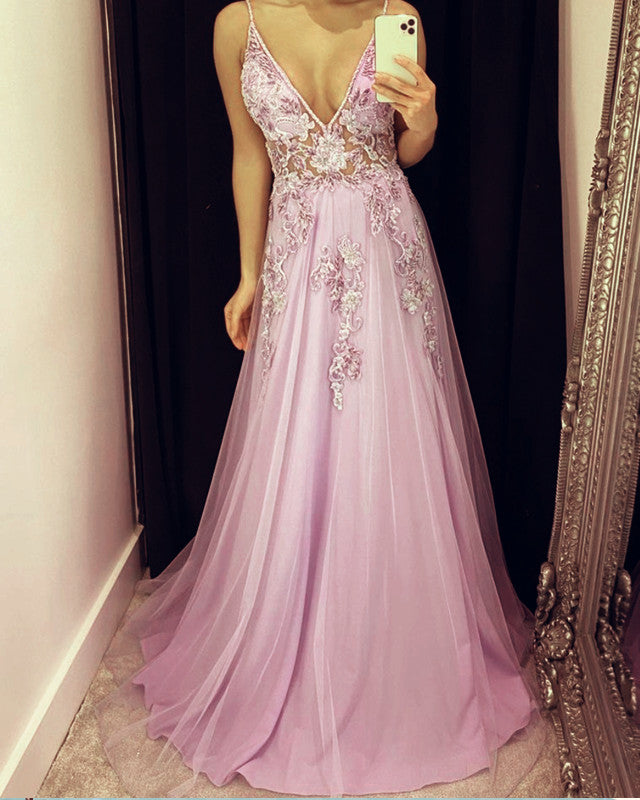 Elegant Lace Appliques V Neck Empire Prom Dresses