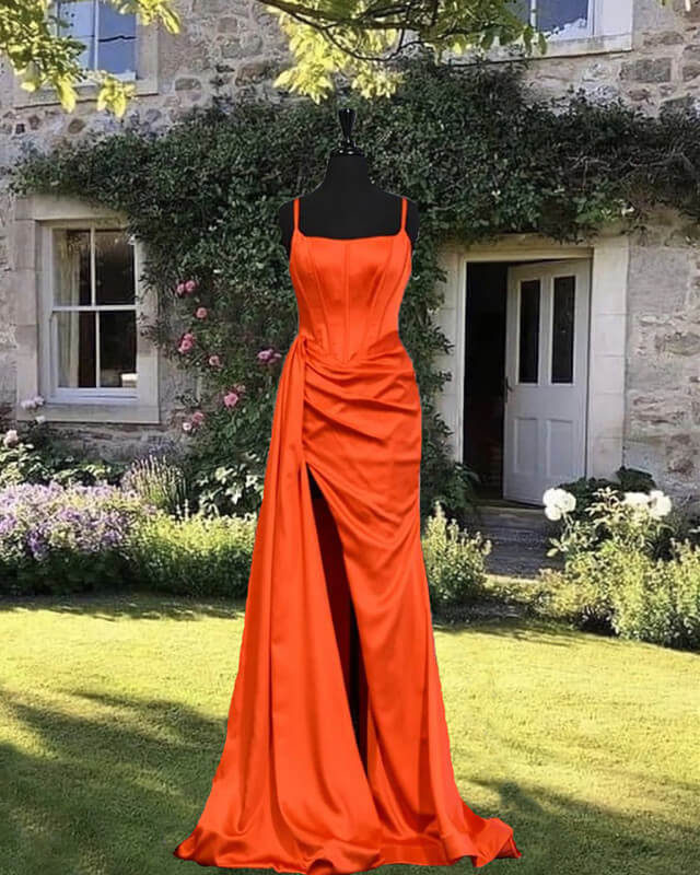 Mermaid Bright Orange Satin Split Dress Lisposa Mermaid Bright Orange Satin Split Dress Lisposa