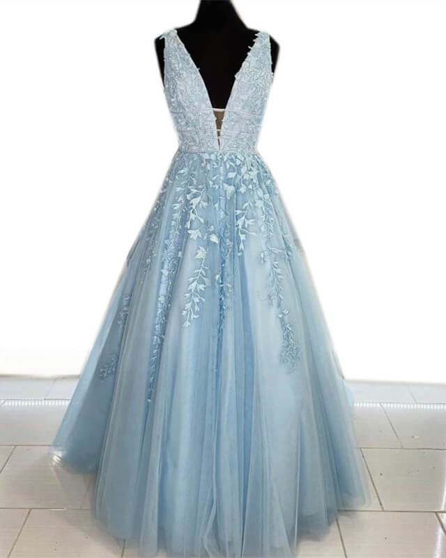 Tulle Lace Embroidery Plunging Prom Dresses Princess Lisposa Tulle Lace Embroidery Plunging Prom Dresses Princess Lisposa