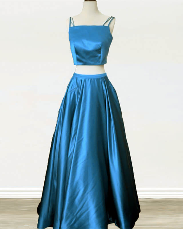 Two Piece Green Satin Prom Dress With Straps