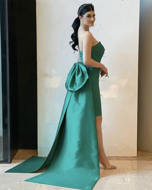 Green Strapless Satin Sheath Dress With Bow Back