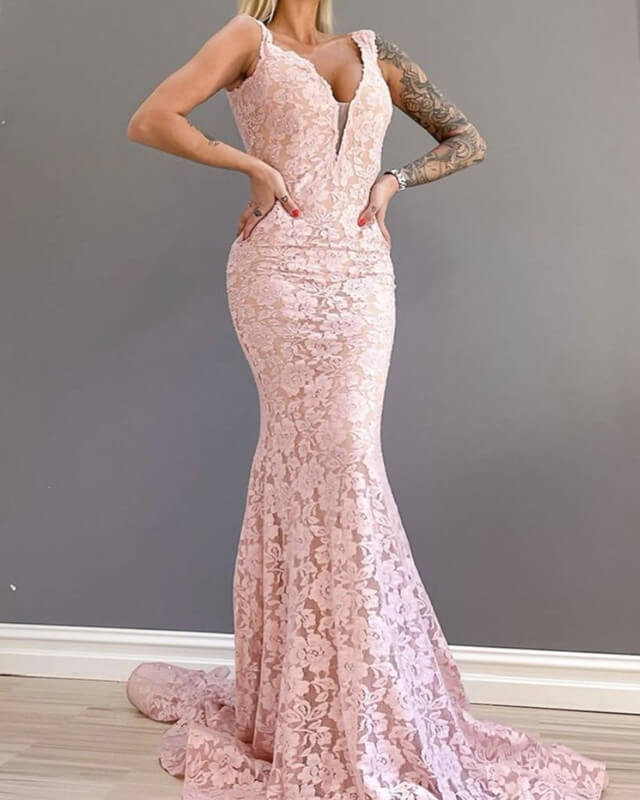 Mermaid Blush Prom Dress Lace V-neck Lisposa Mermaid Blush Prom Dress Lace V-neck Lisposa