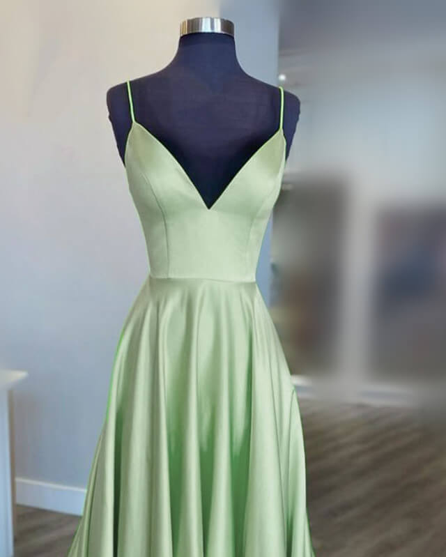 Long Sage Green V Neck Satin Dress