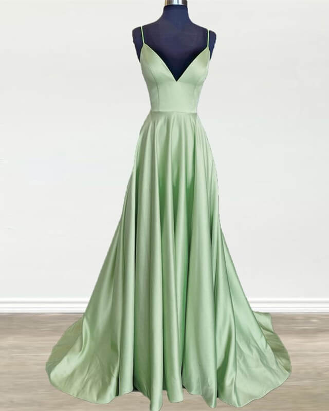 Long Sage Green V Neck Satin Dress – Lisposa