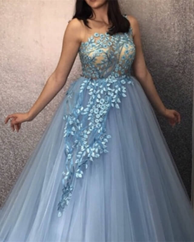 Light Blue Tulle Ball Gown Ruffles Appliques Dress