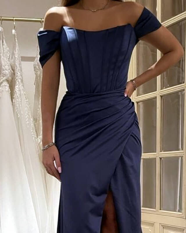 Long Dark Blue Slit Satin Corset Dress