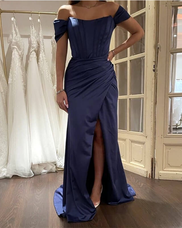 Long Royal Blue Satin Corset Dress With Slit – Lisposa