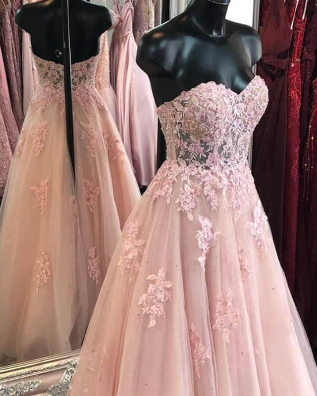 Pink Sweetheart Corset Appliquqes Prom Dress