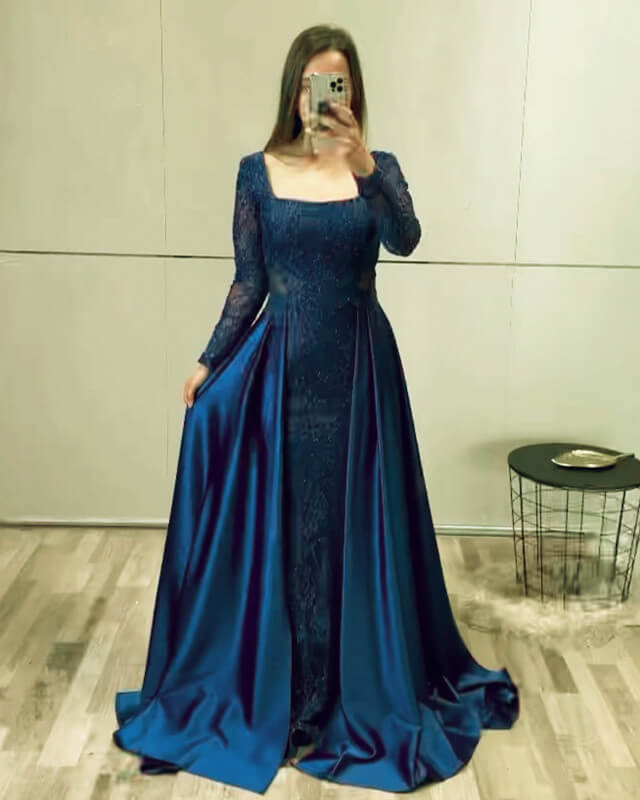 Modest Royal Blue Lace Sleeve Floor Length Satin Gown
