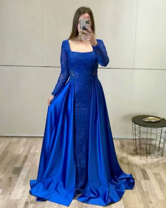 long sleeve royal blue Satin prom dress lace appliques – Lisposa