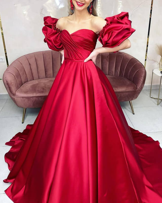 Red Prom Dresses Satin Ball Gown With Detachable Sleeve Lisposa Red Prom Dresses Satin Ball Gown With Detachable Sleeve Lisposa