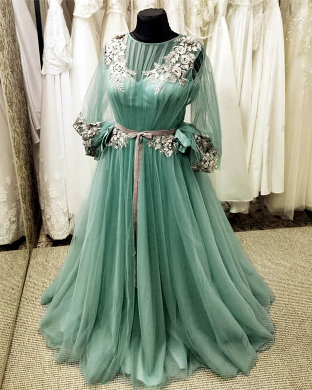 Fairy Sage Green Tulle Long Sleeve Prom Dresses With Embroidery