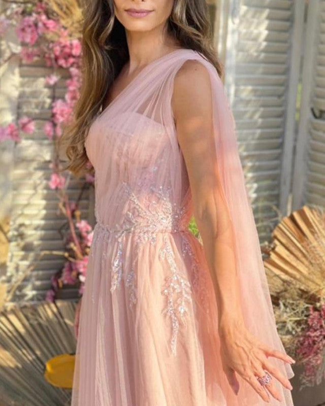 Pink Tulle One Shoulder Split Corset Dress