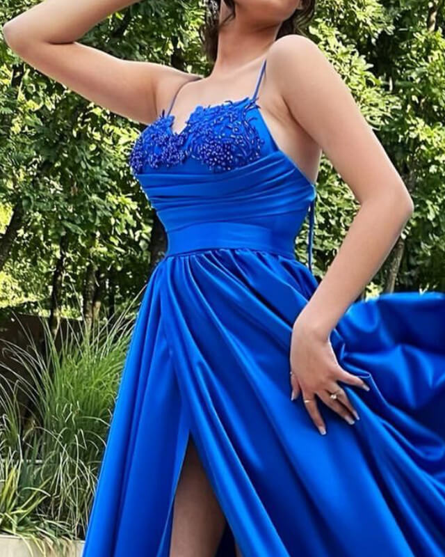 Long Royal Blue Satin Sweetheart Appliques Slit Dresses
