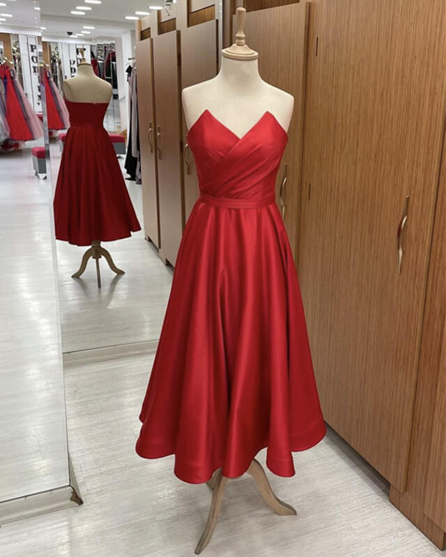 Red Strapless Midi Satin Dress Lisposa Red Strapless Midi Satin Dress Lisposa