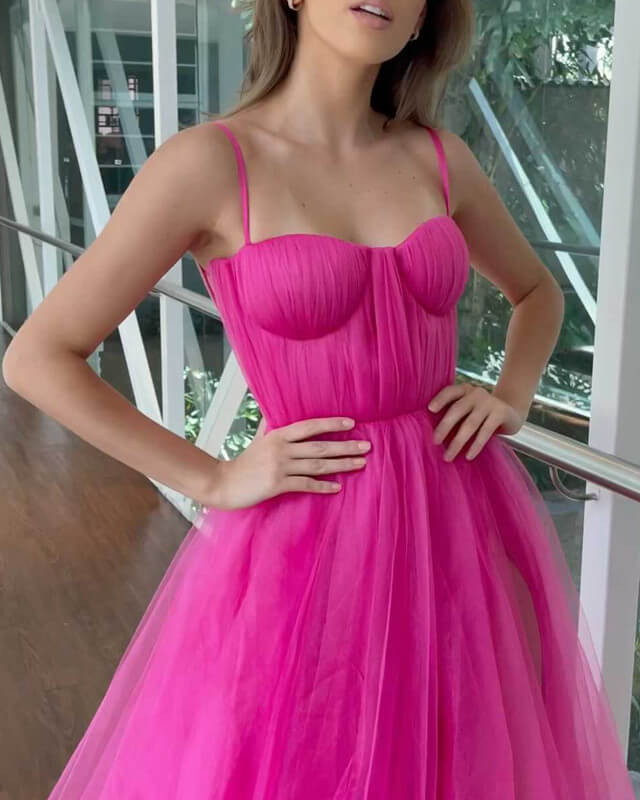 Hot Pink Tulle Corset Slit Prom Dress Spaghetti Straps Lisposa Hot Pink Tulle Corset Slit Prom Dress Spaghetti Straps Lisposa