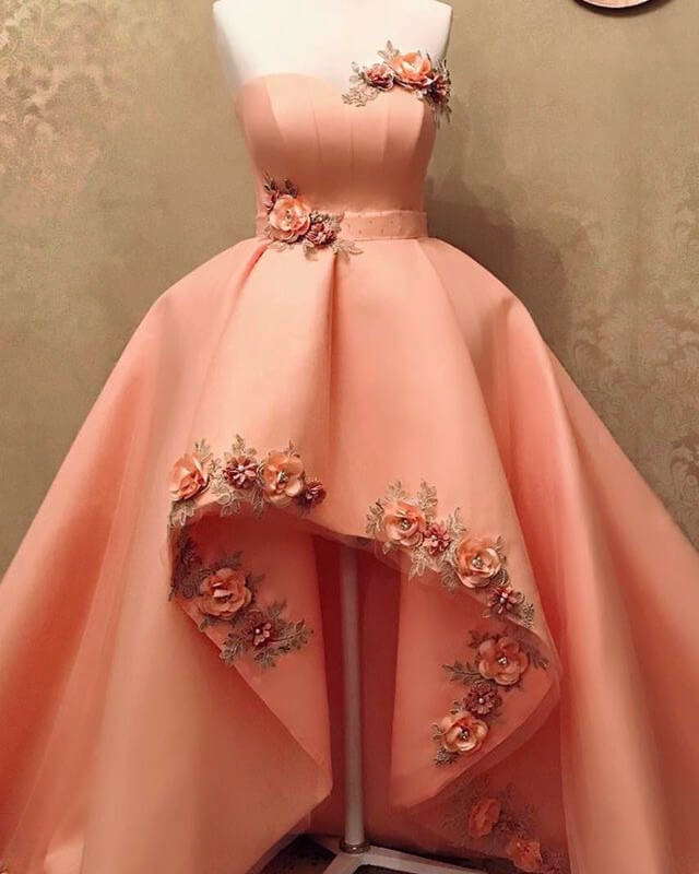 Peach Sweetheart High Low Dress With 3D Flowers