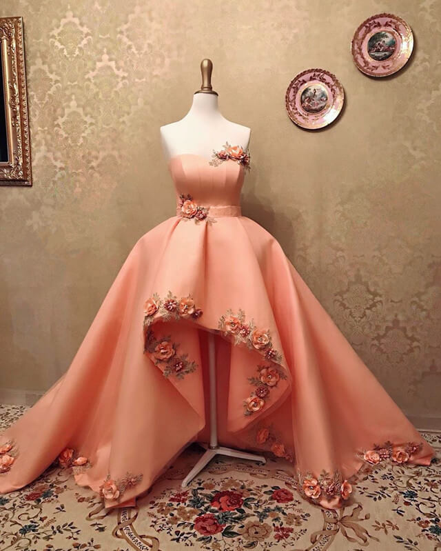 Peach Sweetheart High Low Dress With 3D Flowers Lisposa Peach Sweetheart High Low Dress With 3D Flowers Lisposa