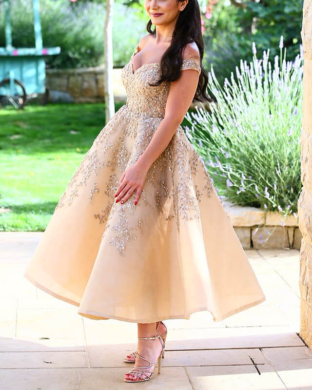 Champagne Off-the-shoulder Tea Length Lace Appliques Dresses