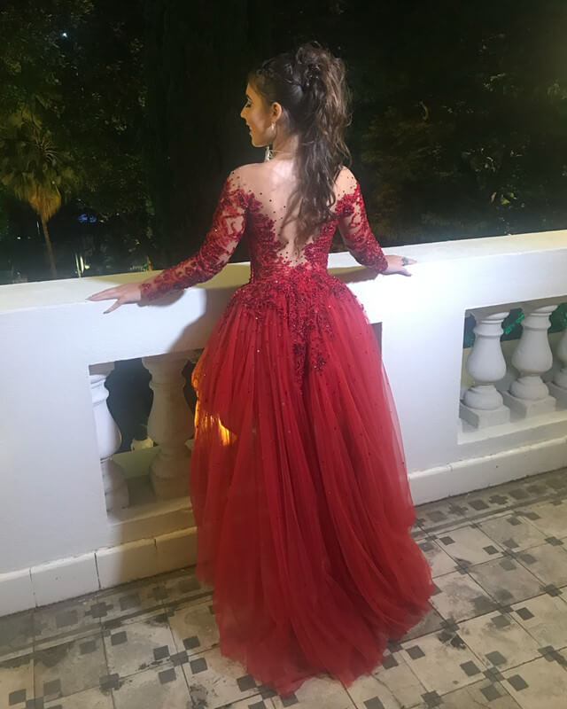Burgundy Tulle High Low Prom Dress Long Sleeve