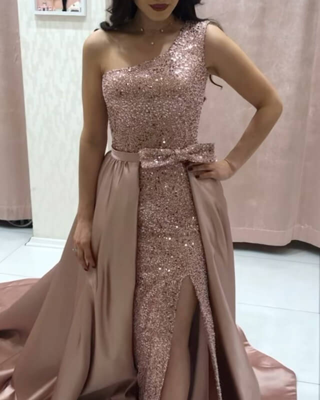 Mermaid Rose Gold Sequin Prom Dress Removable Train