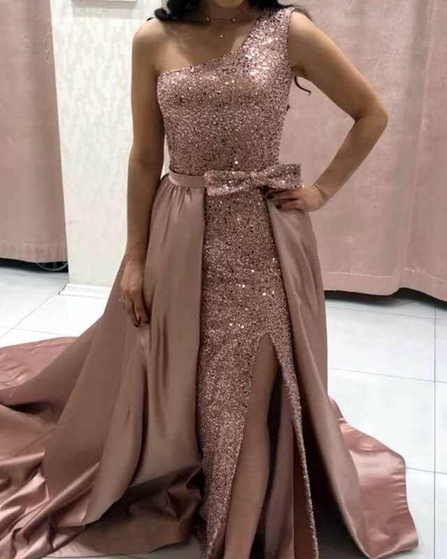Mermaid Rose Gold Sequin Prom Dress Removable Train Lisposa Mermaid Rose Gold Sequin Prom Dress Removable Train Lisposa